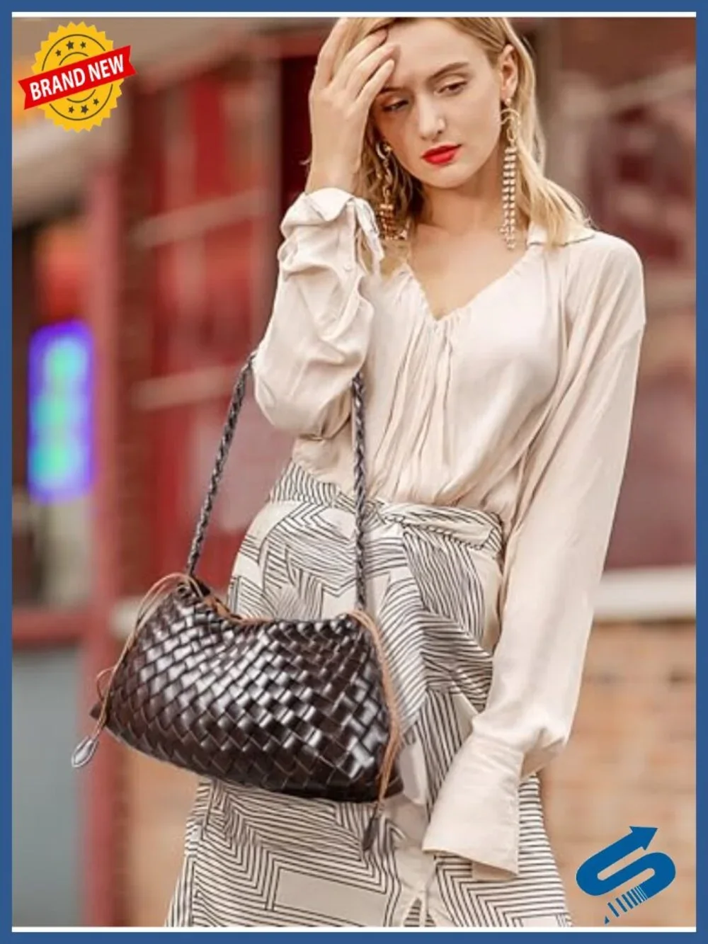 Woven Shoulder Bag Women Vegan Leather Tote Handbag Hobo Purse with Drawstring